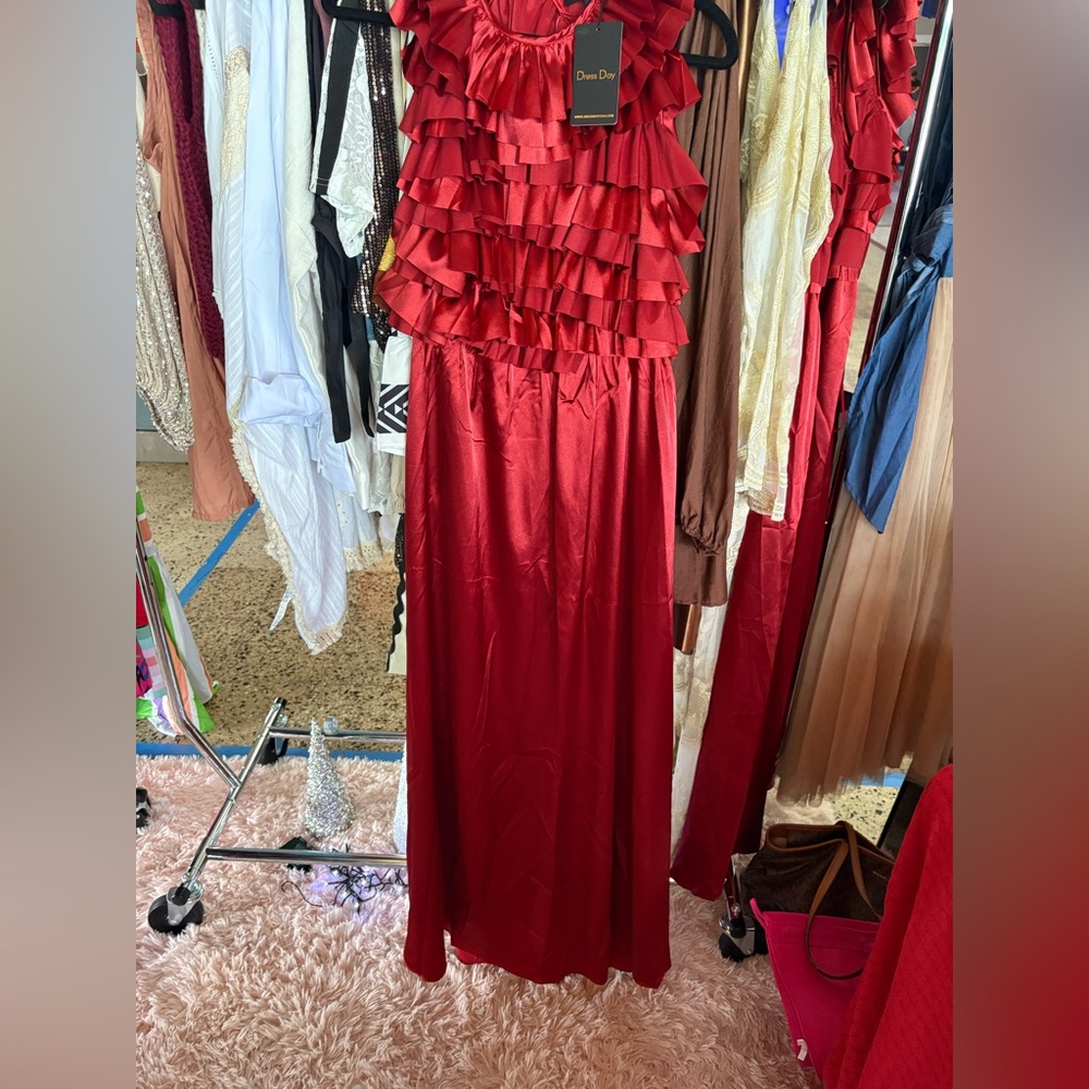 NWT Elegant Red Ruffle Backless Dress. Size S, M, L.